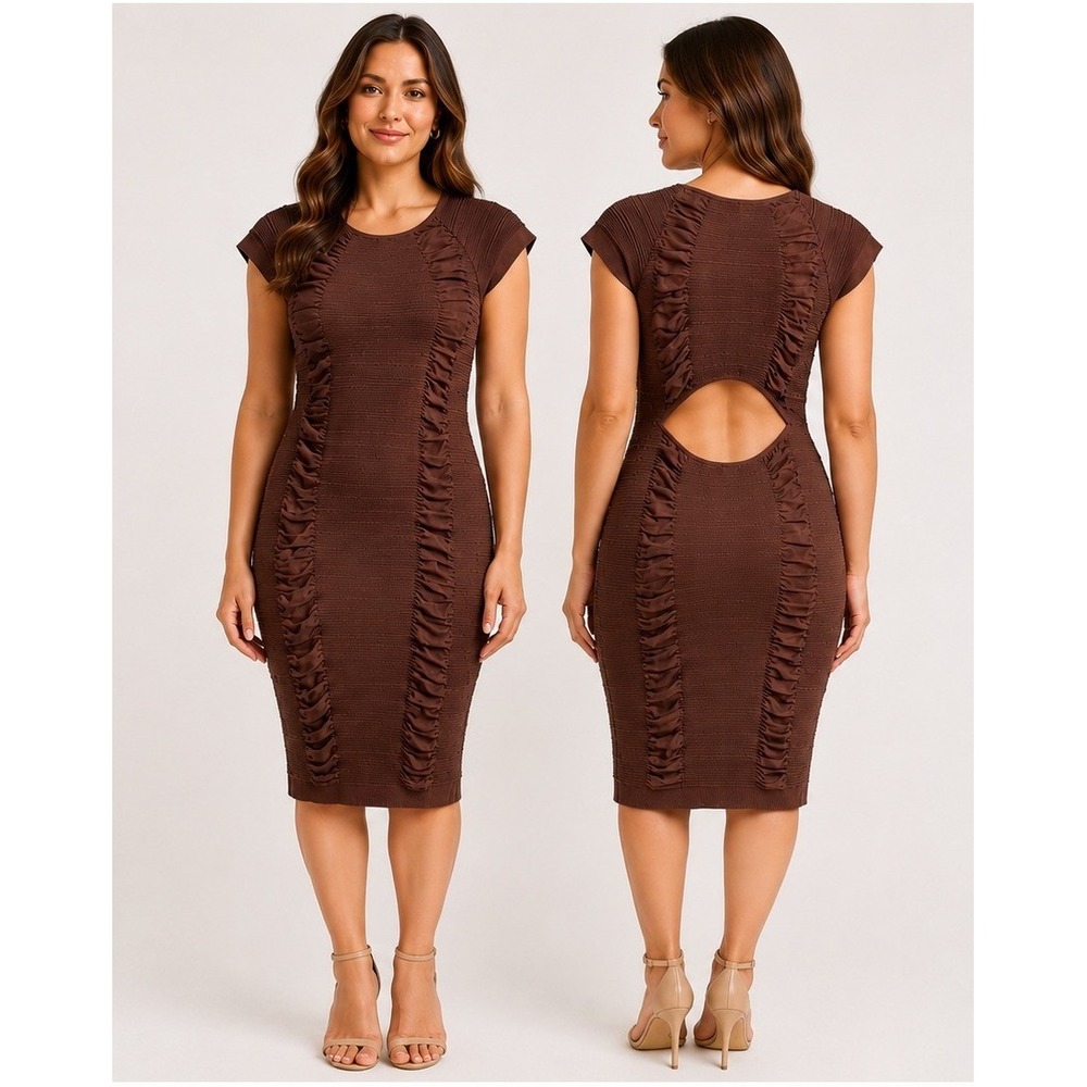AURA Ruched Bodycon Dress Women Large‎ Brown NWT Cutout Back Ribbed Knit Sheath